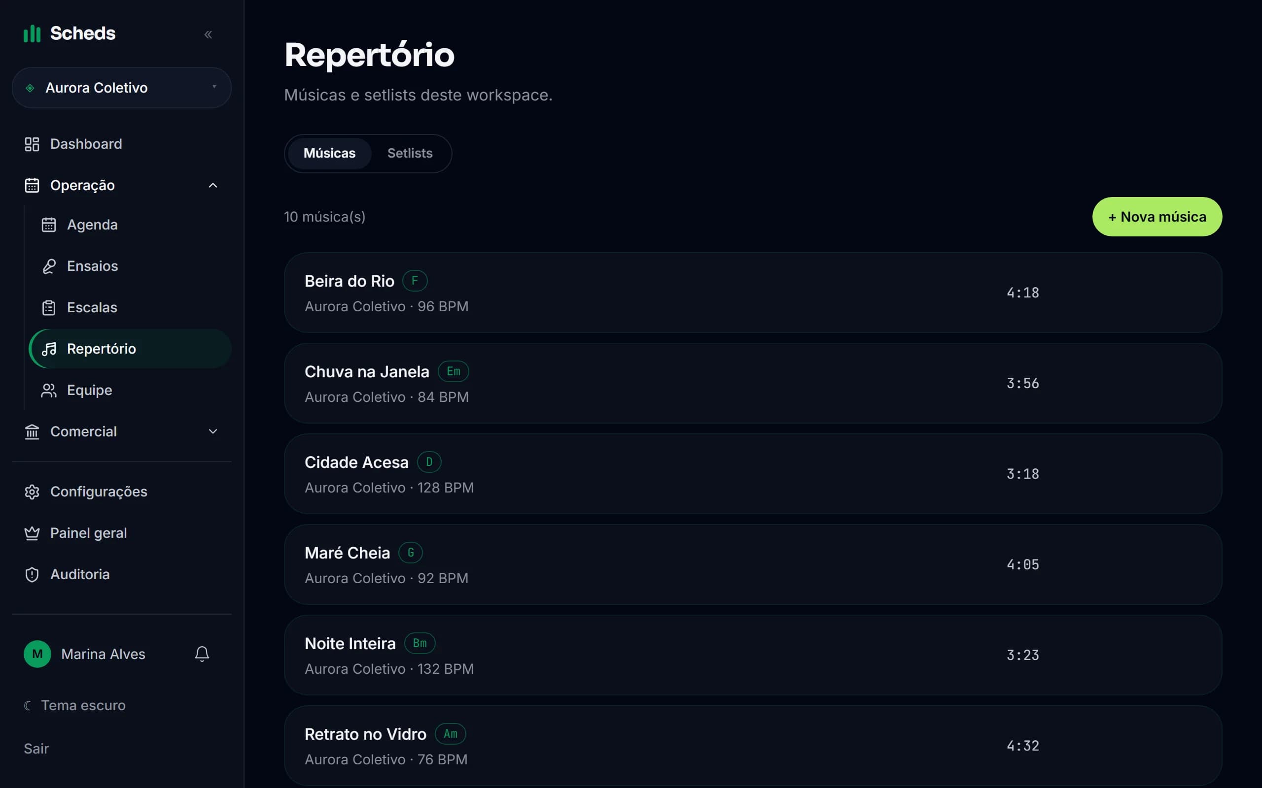 Tela de Repertório e setlists do Scheds
